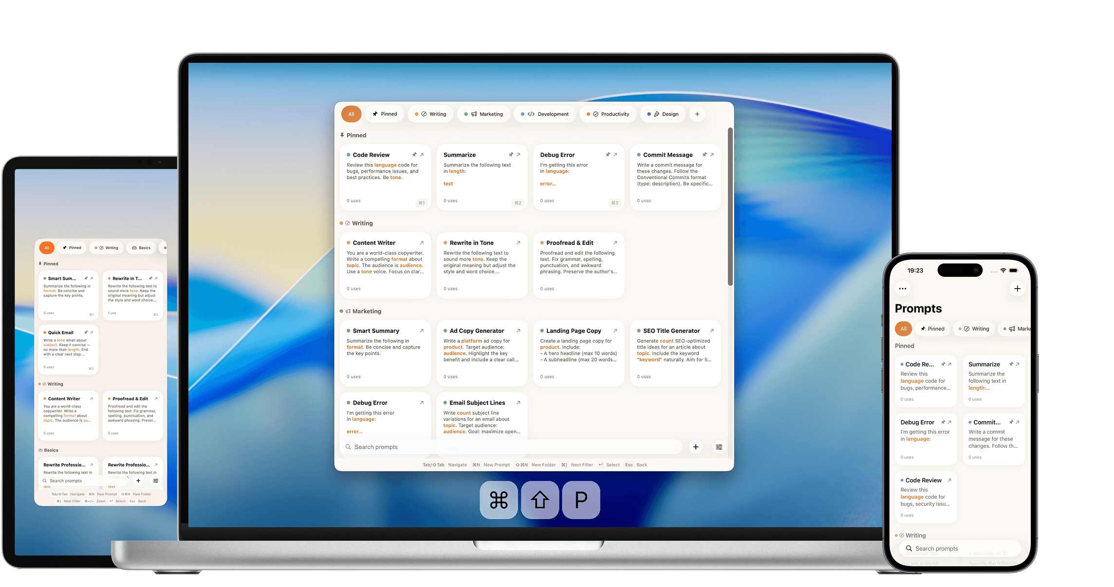 PromptPaste AI prompt library showing folders and dynamic prompt templates on iPad, Mac, and iPhone